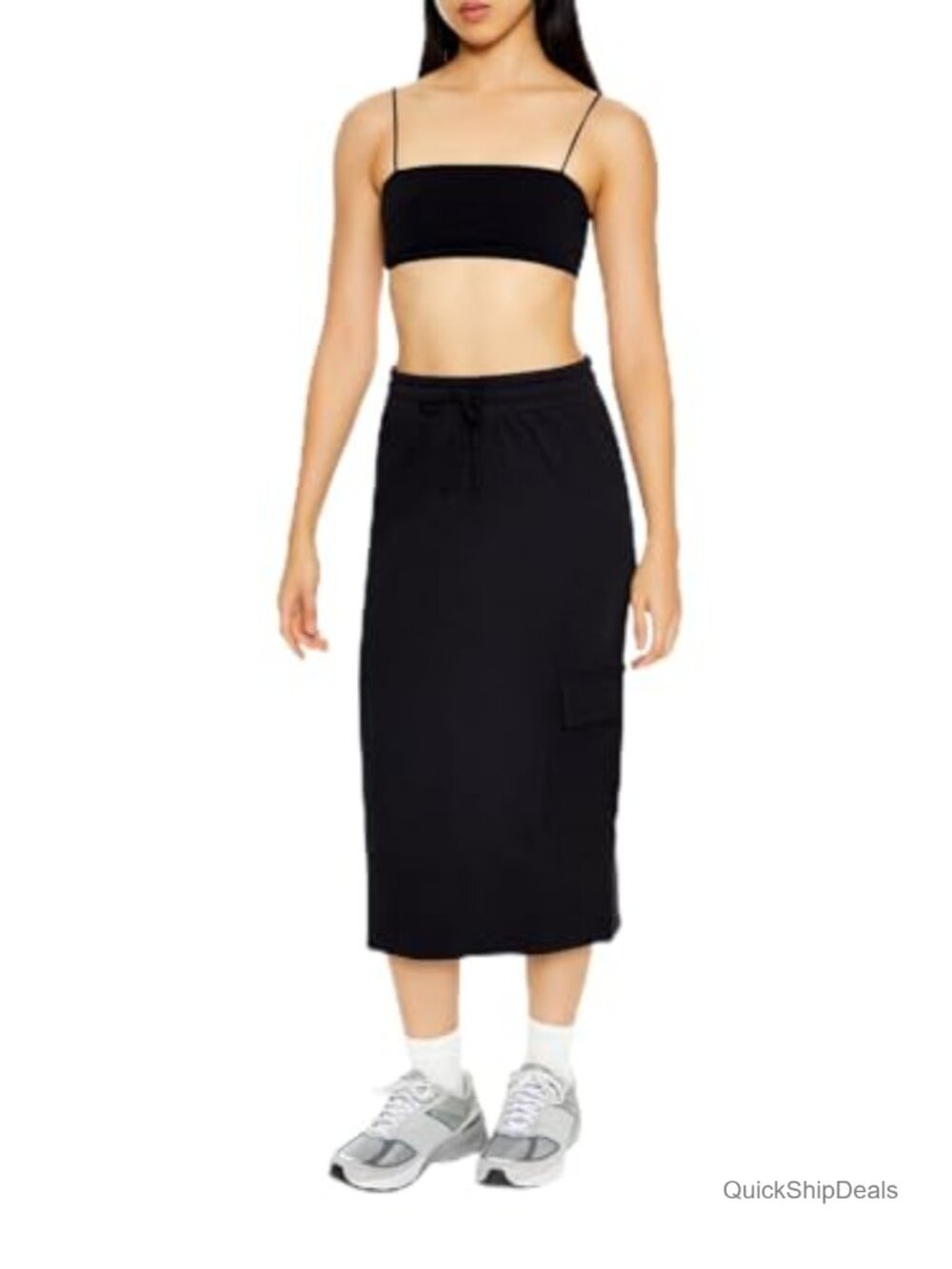 Womens Fleece Cargo Midi Skirt High Rise Elastic Waist 2 Pockets Back Slit